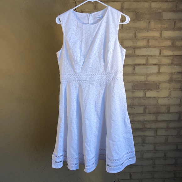 Calvin Klein Fit and Flare Dress White Eyelet 10 - Picture 2 of 6